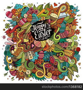 Cartoon hand-drawn doodles on the subject of Easter theme pattern. Colorful detailed, with lots of objects vector background. Cartoon hand-drawn doodles Easter vector background