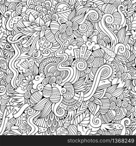 Cartoon hand-drawn doodles on the subject of Easter theme seamless pattern. Line art detailed, with lots of objects vector background. Easter doodles vector seamless pattern