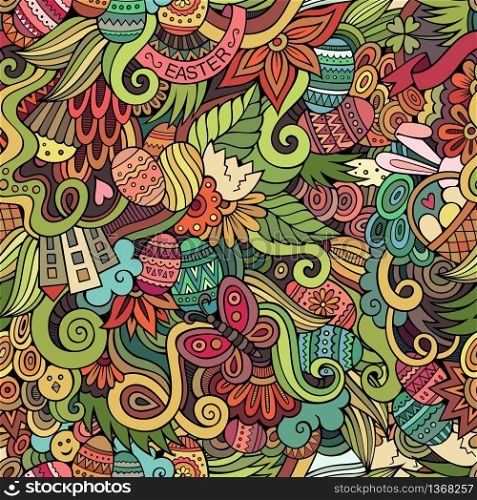 Cartoon hand-drawn doodles on the subject of Easter theme seamless pattern. Colorful detailed, with lots of objects vector background. Easter doodles vector seamless pattern