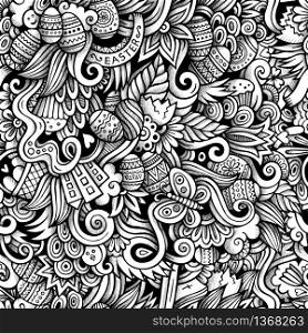 Cartoon hand-drawn doodles on the subject of Easter theme seamless pattern. Line art trace detailed, with lots of objects vector background. Easter doodles vector seamless pattern