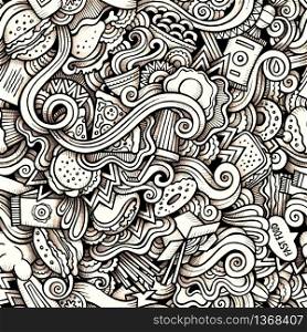 Cartoon hand-drawn doodles on the subject of Fast Food style theme seamless pattern. Contour trace vector background. Cartoon hand-drawn doodles on the subject of Fast Food style