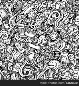 Cartoon hand-drawn doodles on the subject of Fast Food style theme seamless pattern. Contour trace vector background. Cartoon hand-drawn doodles on the subject of Fast Food style