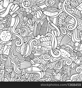 Cartoon hand-drawn doodles on the subject of fast food theme seamless pattern. Line art detailed, with lots of objects vector background. Cartoon hand-drawn doodles on the subject of fast food seamless pattern