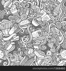 Cartoon hand-drawn doodles on the subject of fast food theme seamless pattern. Line art detailed, with lots of objects vector background. Cartoon hand-drawn doodles on the subject of fast food seamless pattern