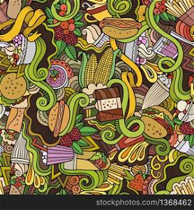 Cartoon hand-drawn doodles on the subject of fast food theme seamless pattern. Colorful detailed, with lots of objects vector background. Cartoon hand-drawn doodles on the subject of fast food seamless pattern