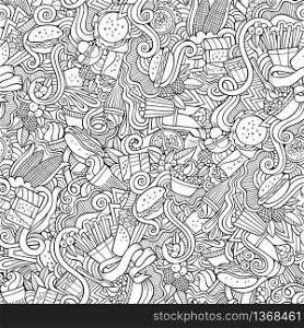 Cartoon hand-drawn doodles on the subject of food, fast food theme seamless pattern. Line art sketchy detailed, with lots of objects vector background. Cartoon hand-drawn doodles on the subject of fast food seamless pattern