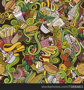 Cartoon hand-drawn doodles on the subject of food, fast food theme seamless pattern. Colorful detailed, with lots of objects vector background. Cartoon hand-drawn doodles on the subject of fast food seamless pattern