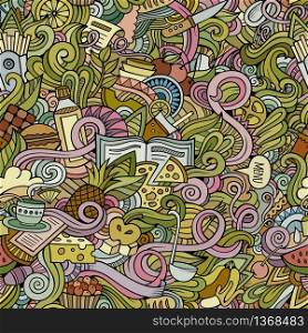 Cartoon hand-drawn doodles on the subject of food theme seamless pattern. Colorful detailed, with lots of objects vector background. Cartoon vector doodles food seamless pattern