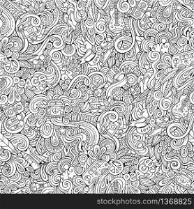 Cartoon hand-drawn Doodles on the subject of Hippie style theme seamless pattern. Sketchy vector background. Cartoon hand-drawn Doodles on the subject of Hippie style theme