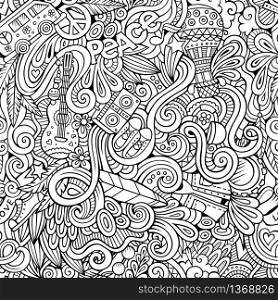 Cartoon hand-drawn Doodles on the subject of Hippie style theme seamless pattern. Sketchy vector background. Cartoon hand-drawn Doodles on the subject of Hippie style theme