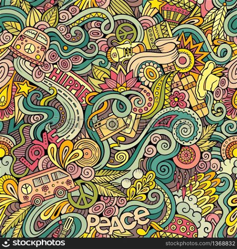 Cartoon hand-drawn Doodles on the subject of Hippie style theme seamless pattern. Colorful vector background. Cartoon hand-drawn Doodles on the subject of Hippie style theme