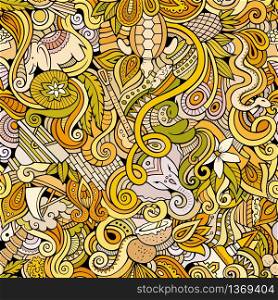 Cartoon hand-drawn doodles on the subject of Indian style theme seamless pattern. Color vector background. Cartoon hand-drawn doodles on the subject of Indian style theme seamless pattern