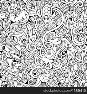 Cartoon hand-drawn doodles on the subject of Indian style theme seamless pattern. Contour vector background. Cartoon hand-drawn doodles on the subject of Indian style theme seamless pattern