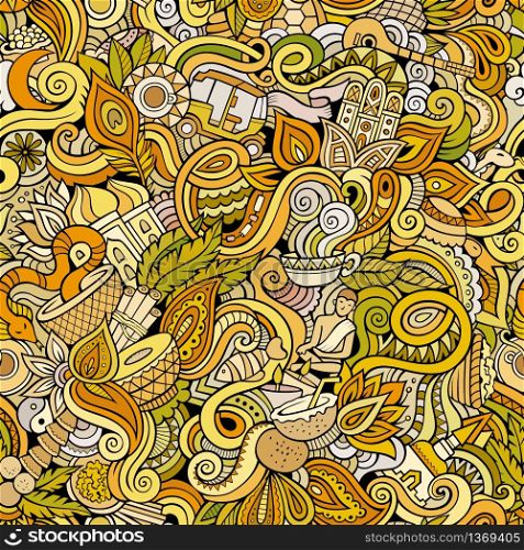 Cartoon hand-drawn doodles on the subject of Indian theme seamless pattern. Colorful detailed, with lots of objects vector background. Cartoon hand-drawn doodles on the subject of Indian style theme seamless pattern