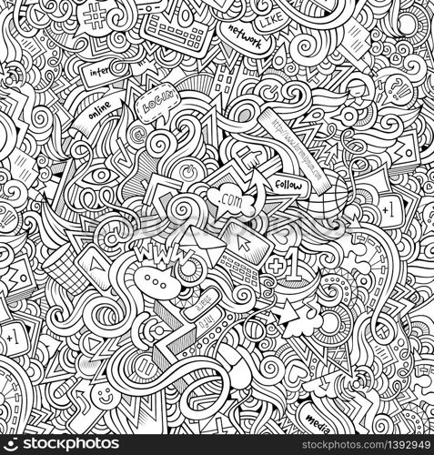 Cartoon hand-drawn doodles on the subject of Internet social media theme seamless pattern. Line art detailed, with lots of objects vector background. Cartoon hand-drawn doodles Internet social seamless pattern