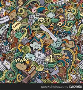 Cartoon hand-drawn doodles on the subject of Internet social media theme seamless pattern. Colorful detailed, with lots of objects vector background. Cartoon hand-drawn doodles Internet social seamless pattern