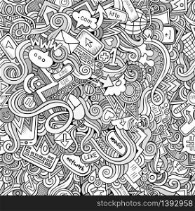 Cartoon hand-drawn doodles on the subject of Internet social media theme seamless pattern. Line art detailed, with lots of objects vector background. Cartoon hand-drawn doodles Internet social seamless pattern