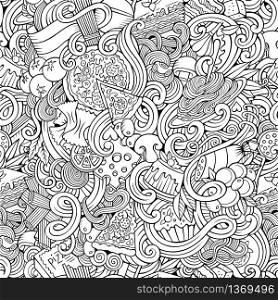 Cartoon hand-drawn doodles on the subject of Italian cuisine theme seamless pattern. Line art detailed, with lots of objects vector background. Cartoon hand-drawn doodles of italian cuisine seamless pattern