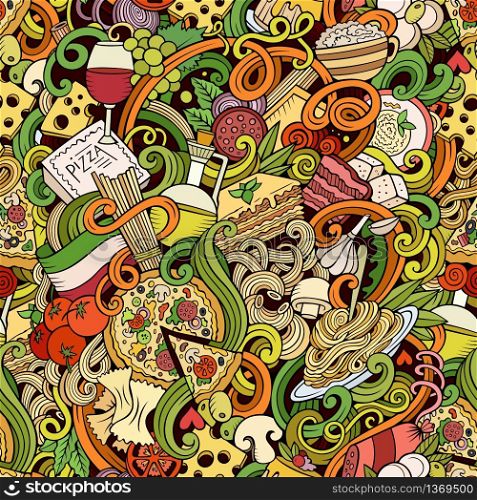 Cartoon hand-drawn doodles on the subject of Italian cuisine theme seamless pattern. Colorful detailed, with lots of objects vector background. Cartoon hand-drawn doodles of italian cuisine seamless pattern