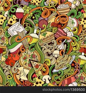 Cartoon hand-drawn doodles on the subject of Italian cuisine theme seamless pattern. Colorful detailed, with lots of objects vector background. Cartoon hand-drawn doodles of italian cuisine seamless pattern