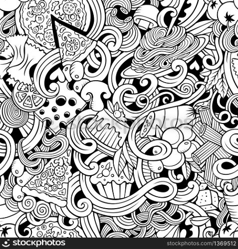 Cartoon hand-drawn doodles on the subject of Italian cuisine theme seamless pattern. Line art detailed, with lots of objects vector background. Cartoon hand-drawn doodles of italian cuisine seamless pattern