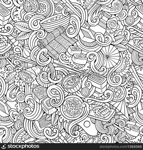 Cartoon hand-drawn doodles on the subject of japanese cuisine theme seamless pattern. Line art detailed, with lots of objects vector background. Cartoon hand-drawn doodles of japanese cuisine seamless pattern
