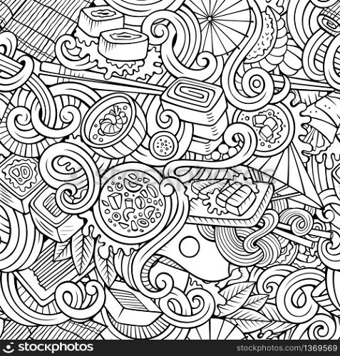 Cartoon hand-drawn doodles on the subject of japanese cuisine theme seamless pattern. Line art detailed, with lots of objects vector background. Cartoon hand-drawn doodles of japanese cuisine seamless pattern