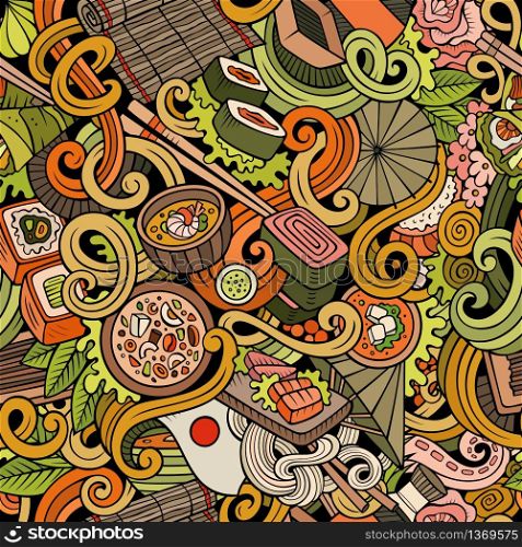 Cartoon hand-drawn doodles on the subject of japanese cuisine theme seamless pattern. Colorful detailed, with lots of objects vector background. Cartoon hand-drawn doodles of japanese cuisine seamless pattern