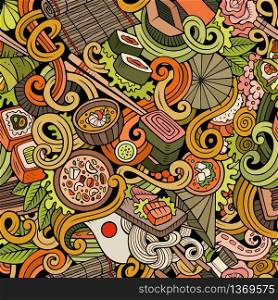 Cartoon hand-drawn doodles on the subject of japanese cuisine theme seamless pattern. Colorful detailed, with lots of objects vector background. Cartoon hand-drawn doodles of japanese cuisine seamless pattern