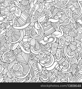 Cartoon hand-drawn doodles on the subject of Latin American style theme seamless pattern. Contour vector background. Cartoon hand-drawn doodles on the subject Latin American style