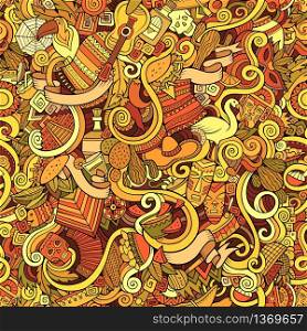 Cartoon hand-drawn doodles on the subject of Latin American style theme seamless pattern. Colorful vector background. Cartoon hand-drawn Doodles on the subject of Latin America