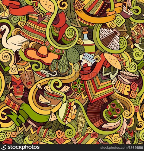 Cartoon hand-drawn Doodles on the subject of Latin American style theme seamless pattern. Colorful vector background. Cartoon hand-drawn Doodles on the subject of Latin America