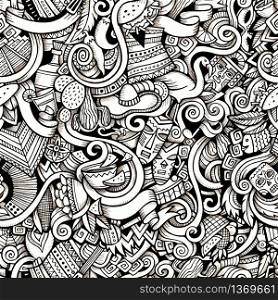 Cartoon hand-drawn Doodles on the subject of Latin American style theme seamless pattern. Contour trace vector background. Cartoon hand-drawn Doodles on the subject of Latin American