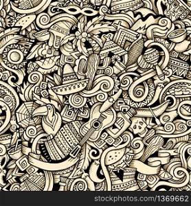 Cartoon hand-drawn Doodles on the subject of Latin American style theme seamless pattern. Contour trace vector background. Cartoon hand-drawn Doodles on the subject of Latin American