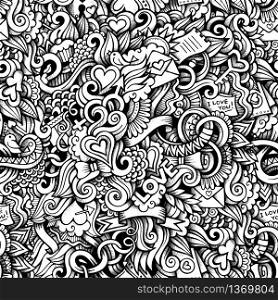 Cartoon hand-drawn doodles on the subject of Love style theme seamless pattern. Vector trace background. Cartoon hand-drawn doodles on the subject of Love style