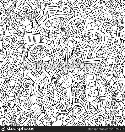Cartoon hand-drawn doodles on the subject of medical theme seamless pattern. Line art sketchy detailed, with lots of objects vector background. Cartoon hand-drawn doodles of medical seamless pattern