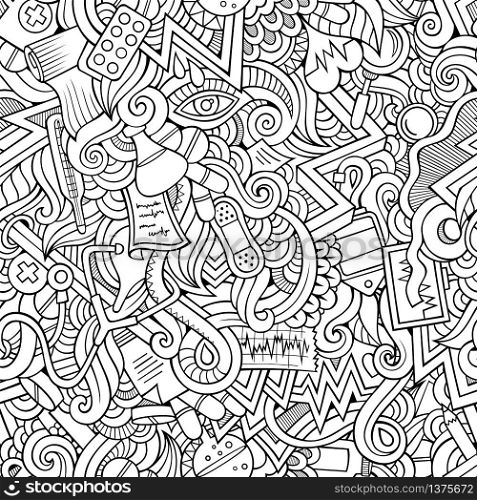 Cartoon hand-drawn doodles on the subject of medical theme seamless pattern. Line art sketchy detailed, with lots of objects vector background. Cartoon hand-drawn doodles of medical seamless pattern