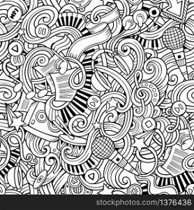 Cartoon hand-drawn doodles on the subject of music style theme seamless pattern. Vector line art background. Cartoon hand-drawn doodles music seamless pattern