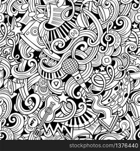 Cartoon hand-drawn doodles on the subject of music style theme seamless pattern. Vector line art background. Cartoon hand-drawn doodles music seamless pattern