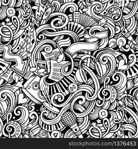Cartoon hand-drawn doodles on the subject of Music style theme seamless pattern. Vector trace background. Cartoon hand-drawn doodles on the subject of Music style theme