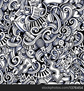 Cartoon hand-drawn doodles on the subject of Music style theme seamless pattern. Vector trace background. Cartoon hand-drawn doodles on the subject of Music style theme