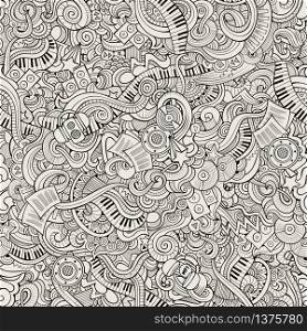 Cartoon hand-drawn doodles on the subject of musical theme seamless pattern. Line art sketchy detailed, with lots of objects vector background. Cartoon hand-drawn doodles music seamless pattern