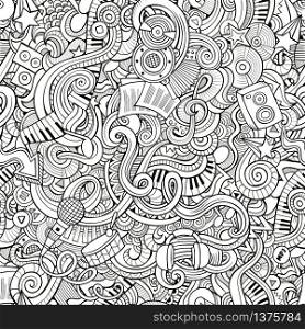 Cartoon hand-drawn doodles on the subject of musical theme seamless pattern. Line art sketchy detailed, with lots of objects vector background. Cartoon hand-drawn doodles music seamless pattern