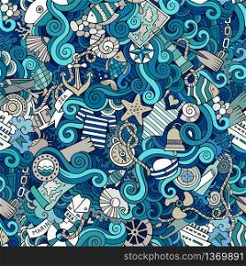 Cartoon hand-drawn doodles on the subject of nautical theme seamless pattern. Colorful detailed, with lots of objects vector background. Seamless pattern sealife and marine