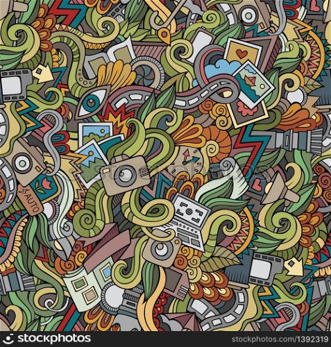 Cartoon hand-drawn doodles on the subject of photography theme seamless pattern. colorful detailed, with lots of objects vector background. Cartoon hand-drawn doodles photography seamless patterns