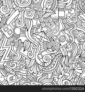 Cartoon hand-drawn doodles on the subject of photography theme seamless pattern. Line art detailed, with lots of objects vector background. Cartoon hand-drawn doodles of photography seamless pattern