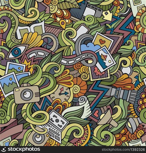 Cartoon hand-drawn doodles on the subject of photography theme seamless pattern. colorful detailed, with lots of objects vector background. Cartoon hand-drawn doodles photography seamless patterns
