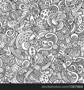 Cartoon hand-drawn doodles on the subject of space style theme seamless pattern. Vector line art background. Cartoon hand-drawn doodles on the subject of space seamless pattern