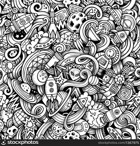 Cartoon hand-drawn doodles on the subject of space style theme seamless pattern. Vector trace background. Cartoon hand-drawn doodles on the subject of space pattern