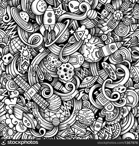 Cartoon hand-drawn doodles on the subject of space style theme seamless pattern. Vector trace background. Cartoon hand-drawn doodles on the subject of space pattern